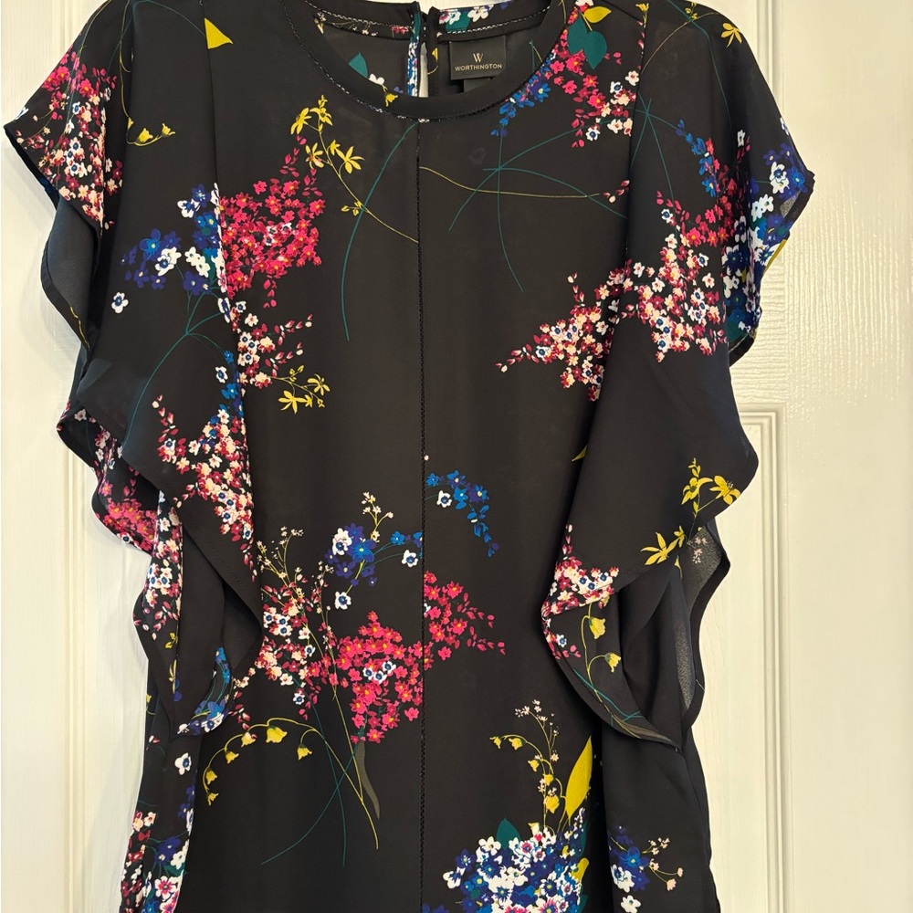 Worthington Black Floral Blouse with Flutter Sleeves and Mandarin Collar